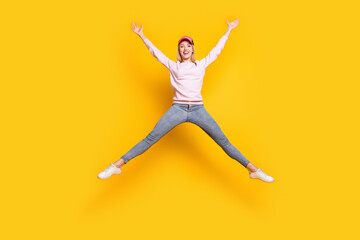Fototapeta na wymiar Full length body size photo blonde woman jumping up careless isolated vibrant yellow color background