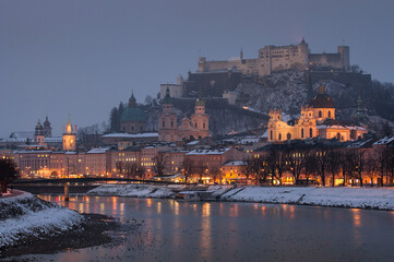 Fototapeta premium View of evening Salzburg in winter