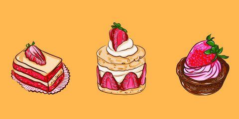 Set of three delicious strawberry desserts vector illustration. Vanilla strawberry cake. Vanilla shortcake with whipping cream and fresh strawberries. Chocolate cupcake with strawberry whipping cream.