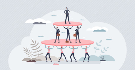 Social stratification and different wealth class division tiny person concept. Economical discrimination and financial gap inequality with society separation and hierarchy contrast vector illustration