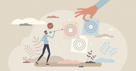 Obraz na płótnie Canvas Personal goals choice and aim for future target success tiny person concept. Confidence and skills to achieve various ambitious plans for career or business vector illustration. Choose your strategy.