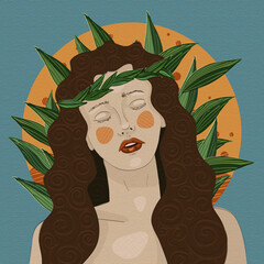 abstract spring girl. A wreath of leaves on the head. closed eyes. curls