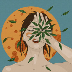 abstract spring girl. hand with leaves and eye