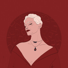blonde with short hair. red jacket and neckline. dreamy look