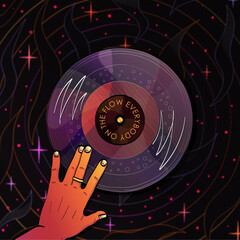 music record and hand on a black background. party.