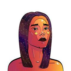 abstract girl with cosmic hair on a white background.