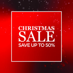 Merry Christmas sale Poster leaflet stating save up to 50% on red background with white frame