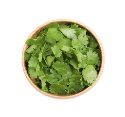 Bowl with fresh green coriander leaves isolated on white, top view