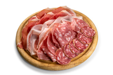 Salami, sausage and Parma ham sliced on wooden cutting board, tasty Italian appetizer isolated on white