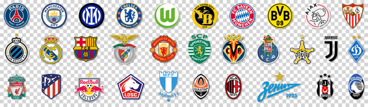Vinnytsia, Ukraine - October 22, 2021: Champions League Football Commands 2021. Vector editorial logos isolated on transparent background