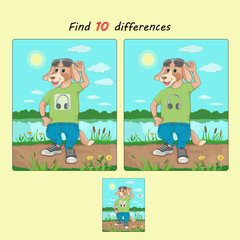riddles and puzzles for children 10 differences cartoon dog in sneakers and glasses on the background of nature