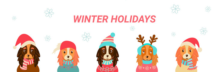 Cute Cavalier King Charles Spaniel dogs are dressed in Christmas costumes. Dogs in funny hats deer horns, Santa hat. Horizontal banner of winter holidays. Vector illustration in a flat cartoon style