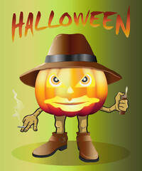 Halloween holiday October 31 cartoon character pumpkin in a hat and boots with a cigarette and lighter on a green background