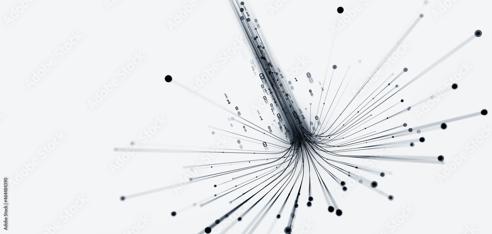 Poster Wireless data transmission, high speed internet. Information flow in abstract cyberspace. Neural network 3D illustration. Big data and cybersecurity. Data stream. Global database and AI