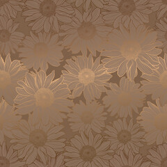 Luxury art deco gold metallic seamless pattern of sunflowers, linear drawing in bronze color. Decorative print for wallpaper, wrapping, textile, fashion fabric.
