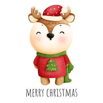 Digital painting watercolor Christmas banner with cute reindeer