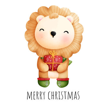 Digital painting watercolor Christmas banner with cute lion