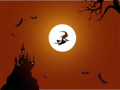 halloween background, bat in the sky, castle in the night