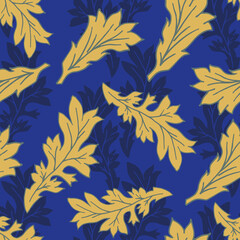 Acanthus leaf vector seamless pattern background. Arts and crafts style hand drawn vintage gold leaves on royal blue foliage silhouette textured backdrop. Elegant, luxury botanical all over print.