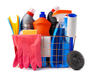 Cleaning items in basket isolated on white background