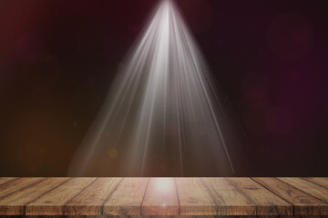 Wood table on top of blurred lights background