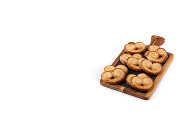 Palmier puff pastry isolated on white background. Copy space