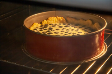 Process of making rustic shortbread pie with blueberries in sour cream filling in a baking dish in the oven