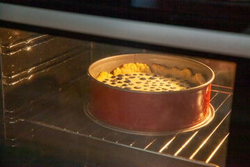 Process of making rustic shortbread pie with blueberries in sour cream filling in a baking dish in the oven