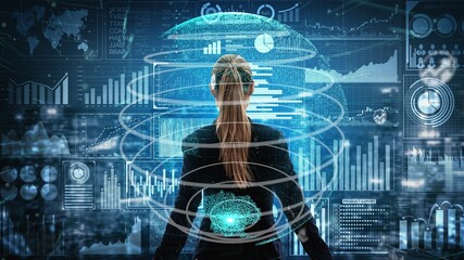 Big Data Technology for Business Finance Analytic conceptual . Modern graphic interface shows massive information of business sale report, profit chart and stock market trends analysis .