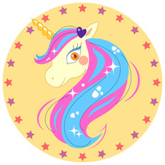 Unicorn / pretty pony with blue pink hair on circle background with little stars. Vector illustration, idea for decoration, sticker