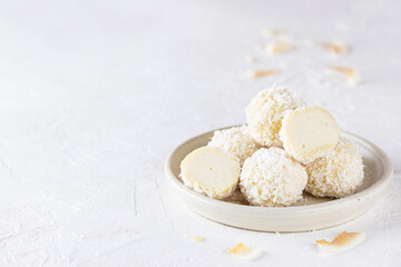 Vegan sweets in coconut flakes on a plate. Sugar, gluten and lactose free. Horizontal orientation, copy space.