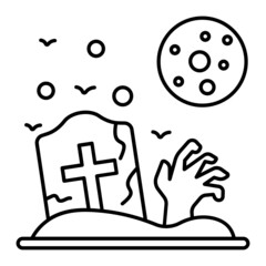 zombie hand in front of full moon with grave stone and bats Concept , Scary night Scene Vector Line Icon Design, Halloween costume Symbol, Holiday Celebrations Sign, Saints Eve festivals Stock illustr