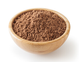 Cocoa powder in wooden bowl isolated on white background with clipping path