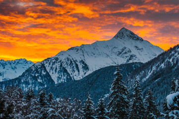 Sunrise in the mountains above the ski resort of Mayrhofen