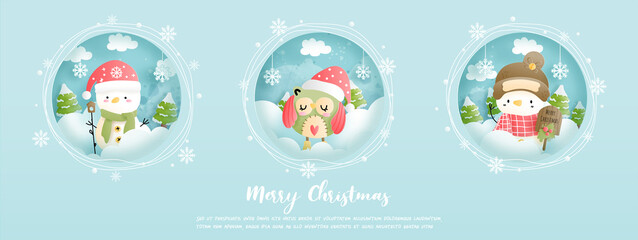 Merry Christmas, Christmas card, banner with vintage snowman. 