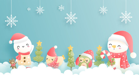 Merry Christmas, Christmas card, banner with vintage snowman. 