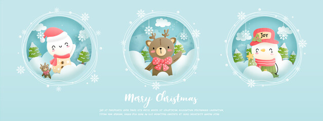 Merry Christmas, Christmas card, banner with vintage snowman. 
