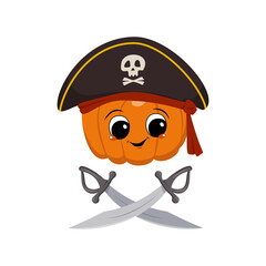 Cute pumpkin character with happy emotions, face, big eyes and wide smile in captain cocked hat and crossed sabers. Halloween party decoration. Mischievous Vegetable Hero