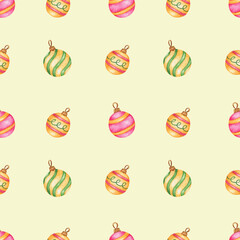 Watercolor seamless christmas toys pattern isolated on yellow background.Good for wrapping.