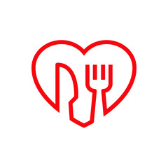 Obraz premium I love food. Cubiertos en corazón. Logotipo con silueta de tenedor y cuchillo en corazón con lineas en color rojo