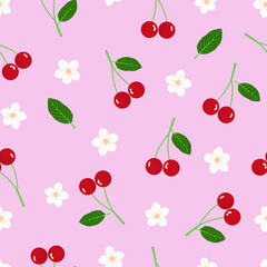 cherry blossom seamless pattern. cherry pattern. floral pattern. cherry blossom and red cherry fruits in the summer spring  for fabric, textile, clothing, stationary, etc.