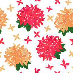 red peach orange Ashoka Asoka seamless pattern. exotic flowers in summer spring autumn tropical garden for fabric, dress, textile, paper, kimono, pajamas, stationary, clothing, etc.