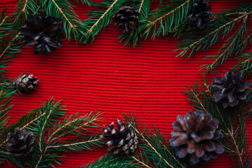 Fir branches, cones and lights on a red background.The concept of Christmas, winter, New year