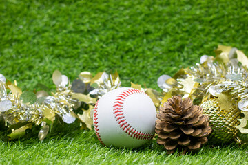 Baseball with Christmas Holiday Decoration on Green grass