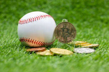 Baseball with bitcoin are on green grass for Cryptocurrency concept 