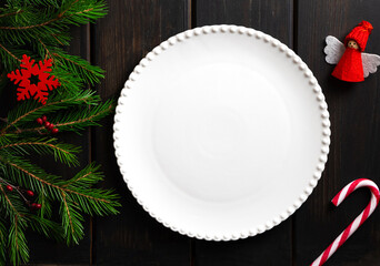 White plate on dark wooden background, copy space
