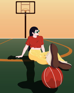 Hipster girl at basketball court