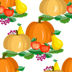 Vector - pumpkin with apples, pears and berries. 
Seamless pattern.
