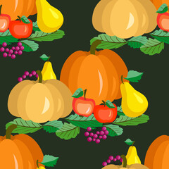 Vector - pumpkin with apples, pears and berries. 
Seamless pattern.