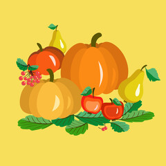 Vector - pumpkin with apples, pears and berries. 
Thanksgiving pattern.